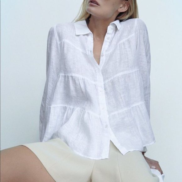 Zara | Tops | Zara White Linen Tiered 